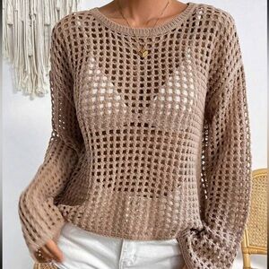 Hollow Out Drop Shoulder Open Knit Sweate..
Khaki / XS(2)